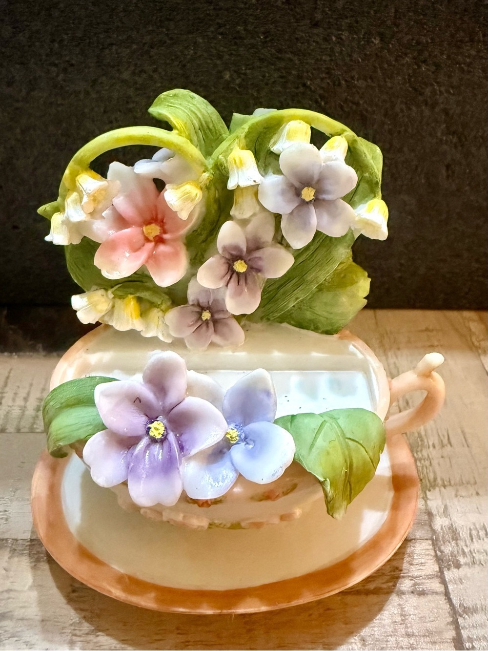 Vintage Porcelain Flower Name Place Card Holder Teacup 3D Fine Ceramic High Tea